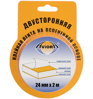 Клейкая лента двусторонняя Aviora, 24мм*2м, на вспененной основе, блистер