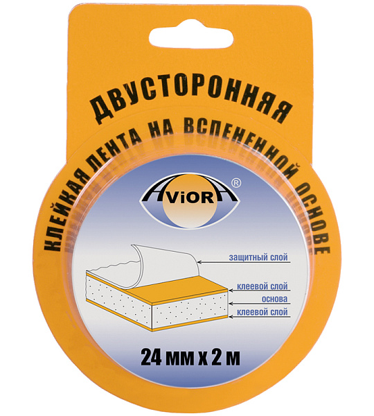 Клейкая лента двусторонняя Aviora, 24мм*2м, на вспененной основе, блистер