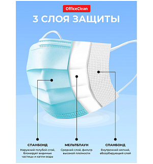 Маска медицинская, набор 50шт., одноразовая OfficeClean СТАНДАРТ, 3-х сл. с носовым фиксатором на резинках, пакет (фильтр СМС) (ПОД ЗАКАЗ)