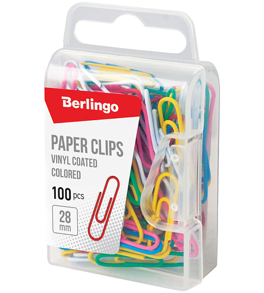 Скрепки 28мм, Berlingo, 100шт., цветные, пласт. упак., европодвес