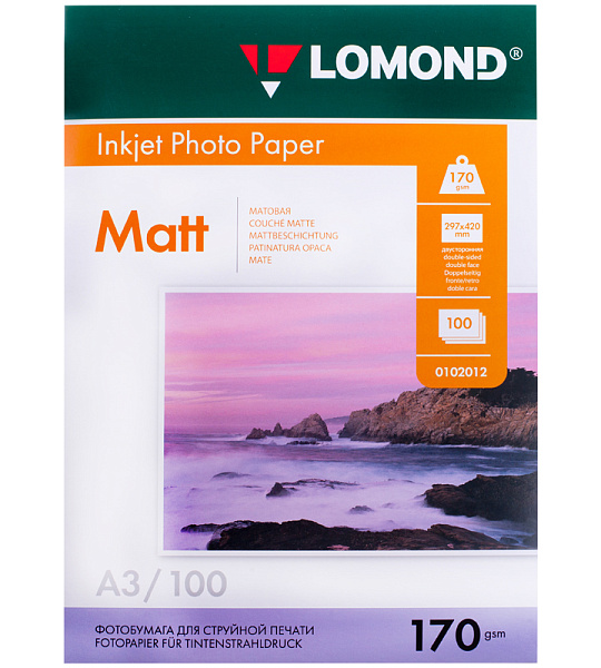 Фотобумага А3 для стр. принтеров Lomond, 170г/м2 (100л) матовая двусторонняя