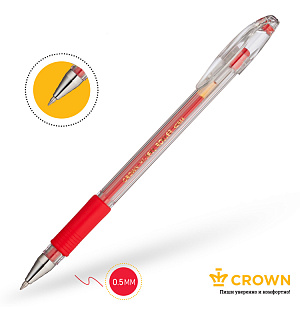 Ручка гелевая Crown "Hi-Jell Grip" красная, 0,5мм, грип
