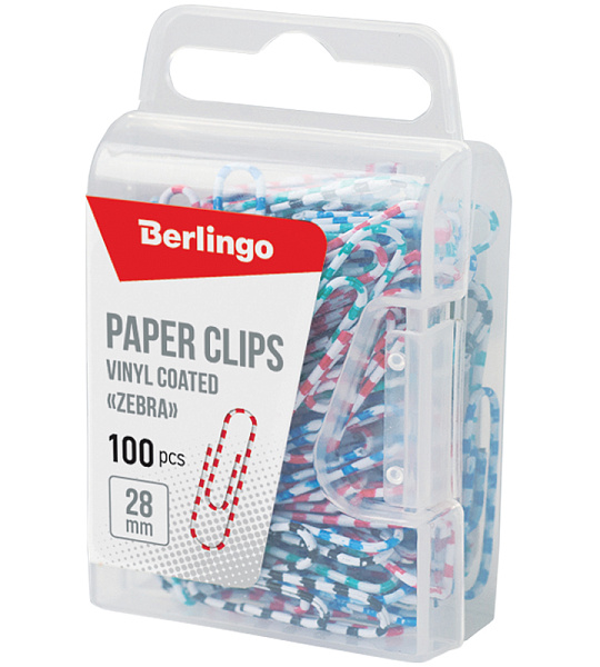 Скрепки 28мм, Berlingo "Зебра", 100шт., цветные, пласт. упак., европодвес