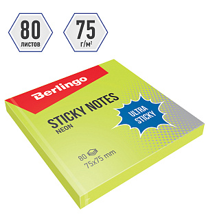 Самоклеящийся блок Berlingo "Ultra Sticky", 75*75мм, 80л, зеленый неон