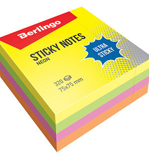 Самоклеящийся блок Berlingo "Ultra Sticky", 75*75мм, 320л, 4 неоновых цвета