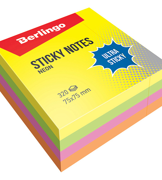 Самоклеящийся блок Berlingo "Ultra Sticky", 75*75мм, 320л, 4 неоновых цвета