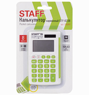 Калькулятор карманный STAFF STF-6238 (104х63 мм), 8 разядов, двойное питание, БЕЛЫЙ С ЗЕЛЁНЫМИ КНОПКАМИ, блистер, 250283