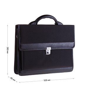 Портфель OfficeSpace "London", ткань, черный, 2 отделения, метал. замок, с ремнем