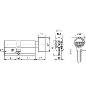 Цилиндровый механизм Fuaro 100 ZM 60 (25х10х25) AB, с вертушкой, 5 ключей, цвет бронза