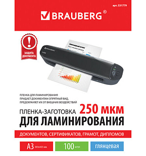 Пленки-заготовки для ламинирования БОЛЬШОГО ФОРМАТА, А3, КОМПЛЕКТ 100 шт., 250 мкм, BRAUBERG, 531779