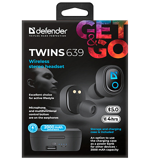 Наушники с микрофоном беспроводные Defender Twins 639, Bluetooth 5.0, TWS, powerbank 2000мАч, разъем Micro-USB, черный