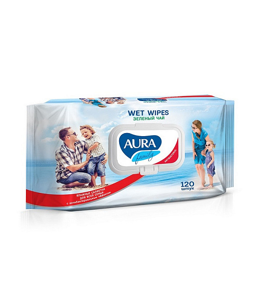 Салфетки влажные AURA антибак Family 120шт с крышкой