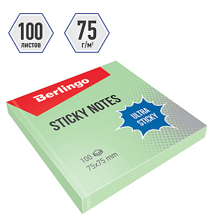 Самоклеящийся блок Berlingo "Ultra Sticky", 75*75мм, 100л, пастель, зеленый