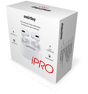 Наушники с микрофоном беспроводные Smartbuy iPro, Bluetooth, беспр. зарядка, TWS, сенс. упр., разъем 8-pin (lightning), белый