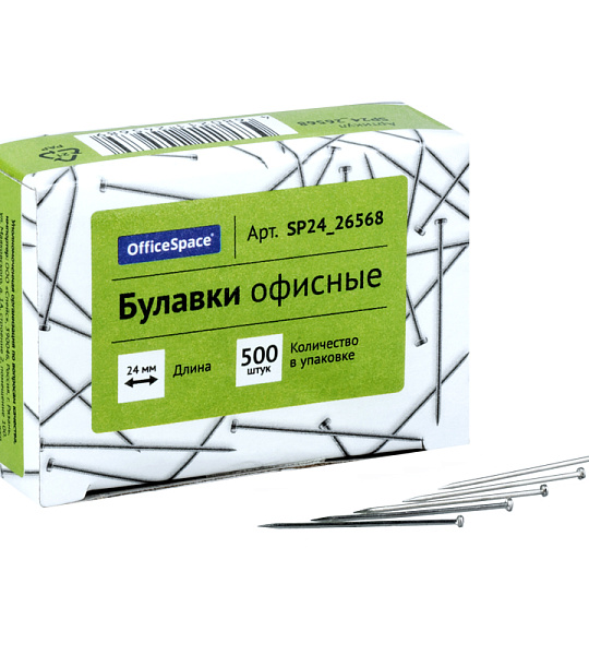 Булавки офисные OfficeSpace, 24мм, 500шт., картонная коробка