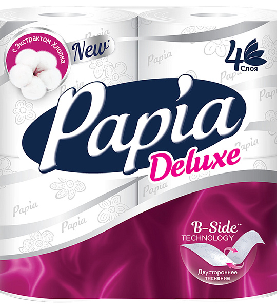 Бумага туалетная Papia "Deluxe", 4-слойная, 4шт., тиснение, белая