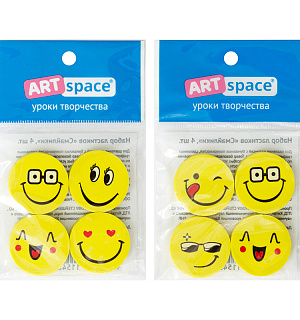 Набор ластиков ArtSpace "Смайлики" 4шт., круглые, термопластичная резина, 25*5мм