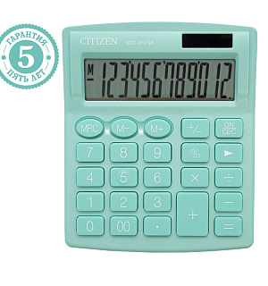 Калькулятор настольный Citizen SDC-812NR-GN, 12 разрядов, двойное питание, 102*124*25мм, бирюзовый
