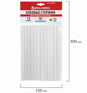 Клеевые стержни, диаметр 11 мм, длина 200 мм, прозрачные, комплект 12 шт., BRAUBERG, европодвес, 670294