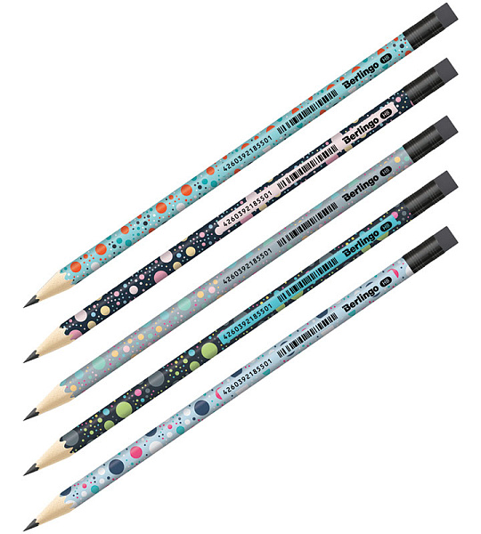 Карандаш ч/г Berlingo "Points" HB, круглый, заточен., с ластиком, ассорти