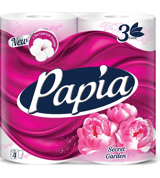 Бумага туалетная Papia "Secret Garden", 3-слойная, 4шт., ароматизир., розов. тиснение, белый