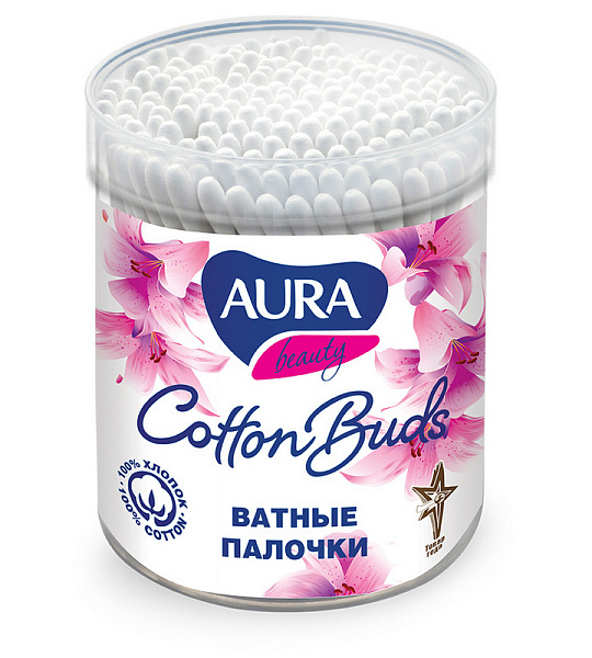 Палочки ватные AURA стакан 200 шт./уп..