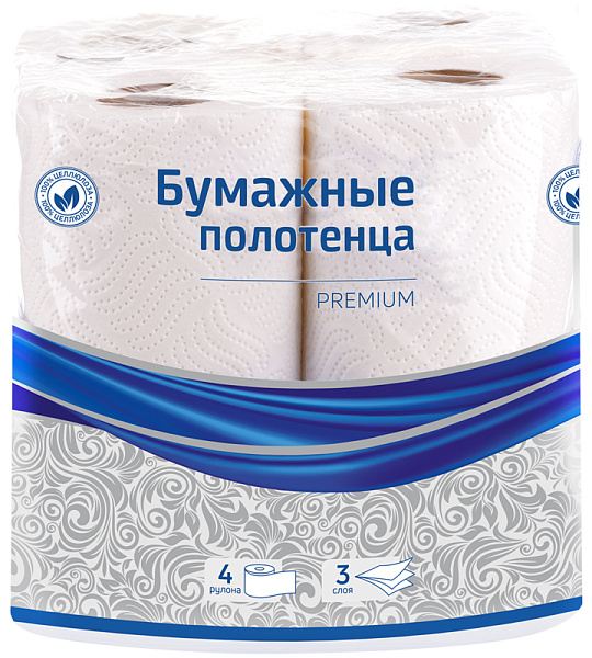Полотенца бумажные в рулонах OfficeClean "Premium", 3-слойные, 11м/рул, тиснение, белые, 4шт.