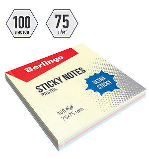 Самоклеящийся блок Berlingo "Ultra Sticky", 75*75мм, 100л, 4 пастельных цвета