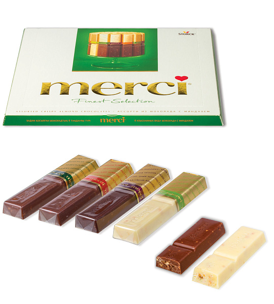 Конфеты шоколадные MERCI (Мерси), ассорти из шоколада с миндалем, 250 г, картонная коробка, 014457-20
