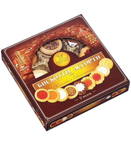 Печенье БИСКОТТИ (Россия), ассорти 9 видов, сдобное, 345 г, картонная коробка