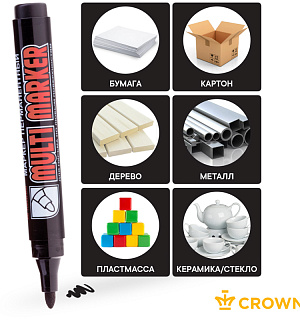 Маркер перманентный Crown "Multi Marker" черный, пулевидный, 3мм