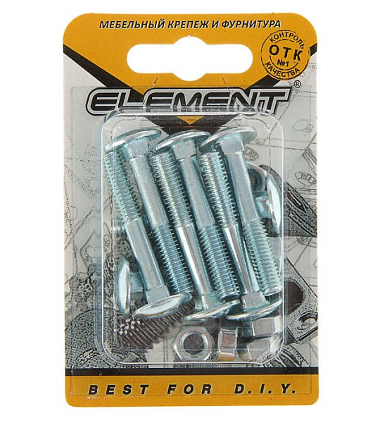 Болт мебельный Element, DIN603, 6х40 мм, с гайкой, оцинкованный, на блистере 8 шт.