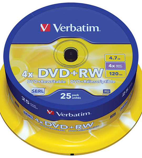 Диск DVD+RW 4.7Gb Verbatim 4x Cake Box (25шт)