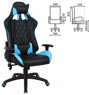 Кресло компьютерное BRABIX "GT Master GM-110", две подушки, экокожа, черное/голубое, 531928