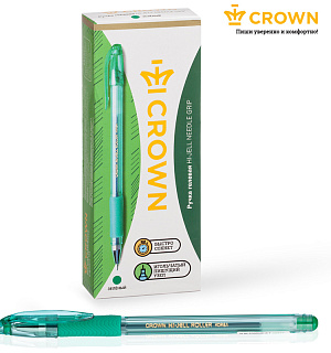 Ручка гелевая Crown "Hi-Jell Needle Grip" зеленая, 0,7мм, грип, игольчатый стержень, штрих-код