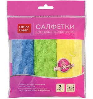 Салфетки для уборки OfficeClean, набор 3шт., микрофибра, 25*25см, ассорти