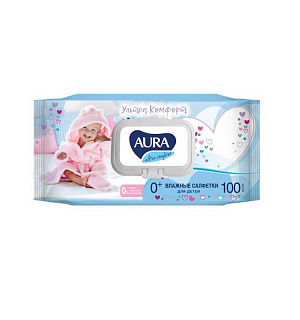Салфетки влажные AURA для детей ULTRA COMFORT 100шт. с крышкой