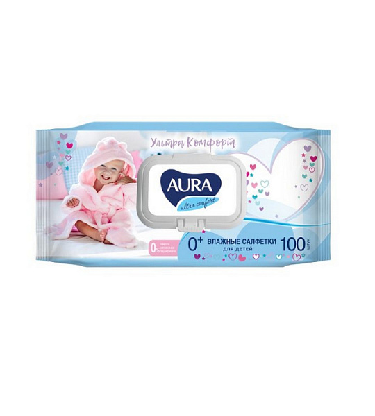 Салфетки влажные AURA для детей ULTRA COMFORT 100шт. с крышкой