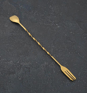 Ложка барная с вилкой, 32,5 см, цвет золото