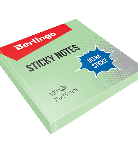 Самоклеящийся блок Berlingo "Ultra Sticky", 75*75мм, 100л, пастель, зеленый