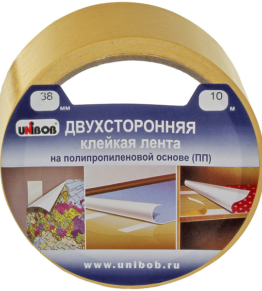 Клейкая лента двусторонняя Unibob, 38мм*10м, полипропилен, инд. упаковка