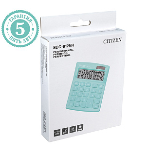 Калькулятор настольный Citizen SDC-812NR-GN, 12 разрядов, двойное питание, 102*124*25мм, бирюзовый