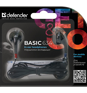 Наушники-вкладыши Defender "Basic" 634, 1,1м, черный