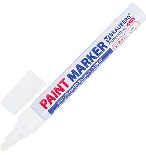 Маркер-краска лаковый (paint marker) 4 мм, БЕЛЫЙ, НИТРО-ОСНОВА, алюминиевый корпус, BRAUBERG PROFESSIONAL PLUS, 151444