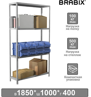 Стеллаж металлический BRABIX "MS KD-185/40-4", 1850х1000х400 мм, 4 полки, сборная стойка, 291115, S240BR144402