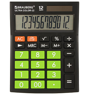 Калькулятор настольный BRAUBERG ULTRA COLOR-12-BKLG (192x143 мм), 12 разрядов, двойное питание, ЧЕРНО-САЛАТОВЫЙ, 250498