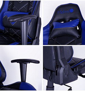 Кресло игровое Helmi HL-G02 "Grand Prix", экокожа, черная/синяя, 2 подушки