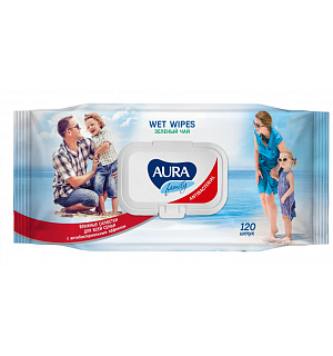 Салфетки влажные AURA антибак Family 120шт с крышкой