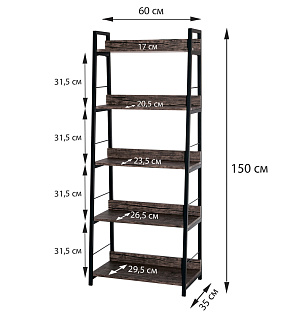 Стеллаж на металлокаркасе BRABIX "LOFT SH-003", 600х350х1500 мм, 5 полок, цвет морёный дуб, 641234
