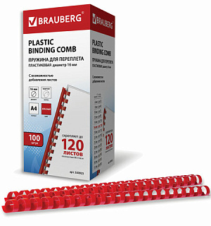Пружины пластиковые для переплета, КОМПЛЕКТ 100 шт., 16 мм (для сшивания 101-120 л.), красные, BRAUBERG, 530923